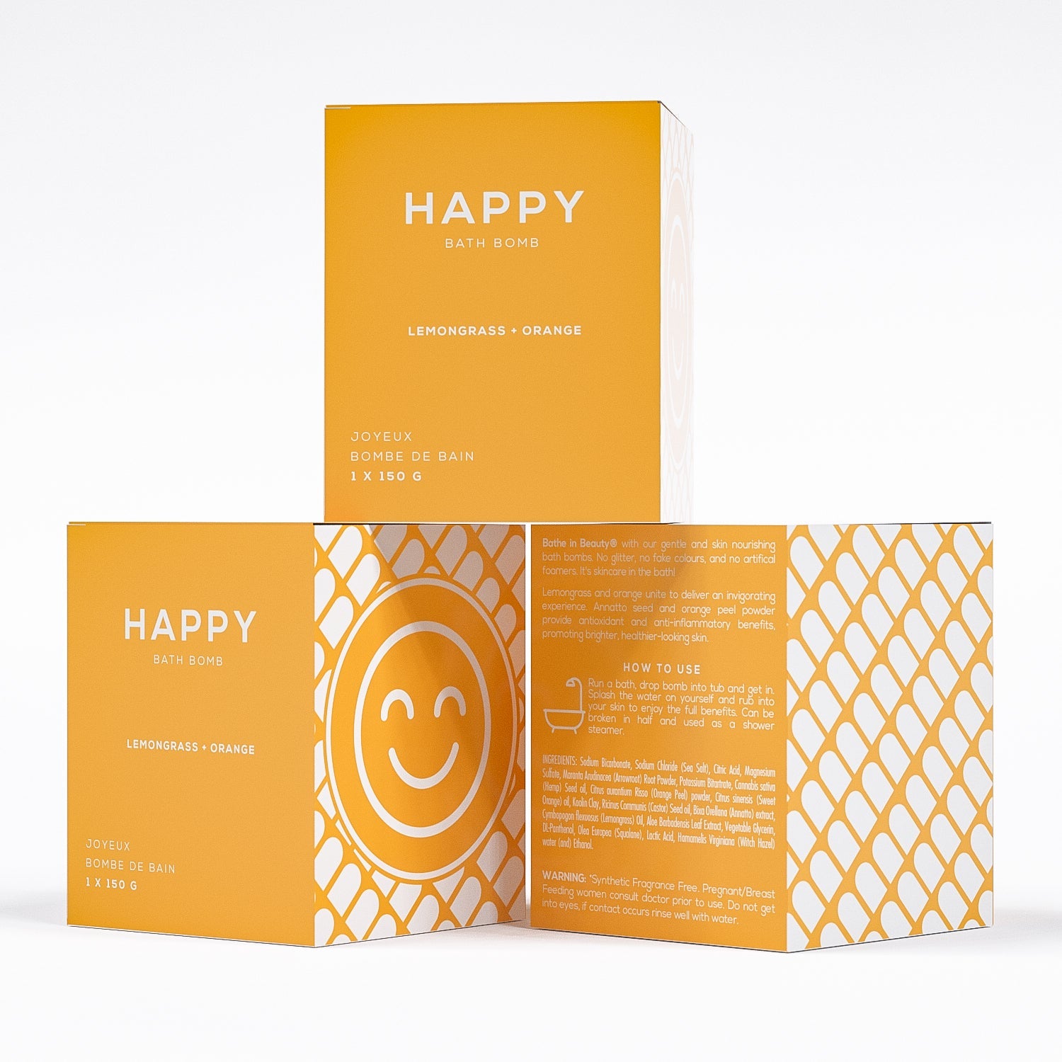 set of 3 happy bath bomb by bare skin bar in orange box