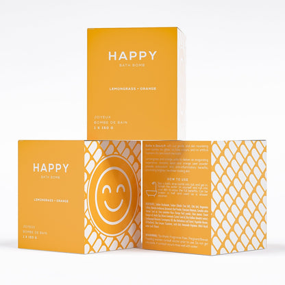 set of 3 happy bath bomb by bare skin bar in orange box