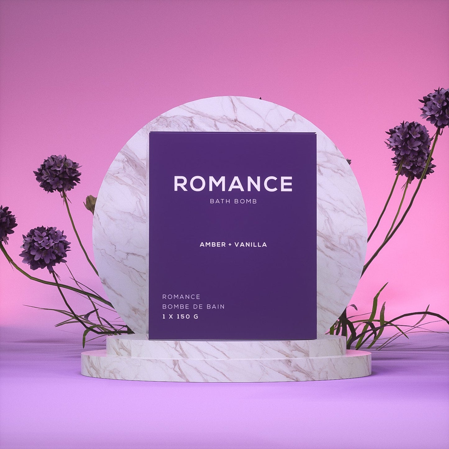 vanilla amber bath bomb by bare skin bar in purple box