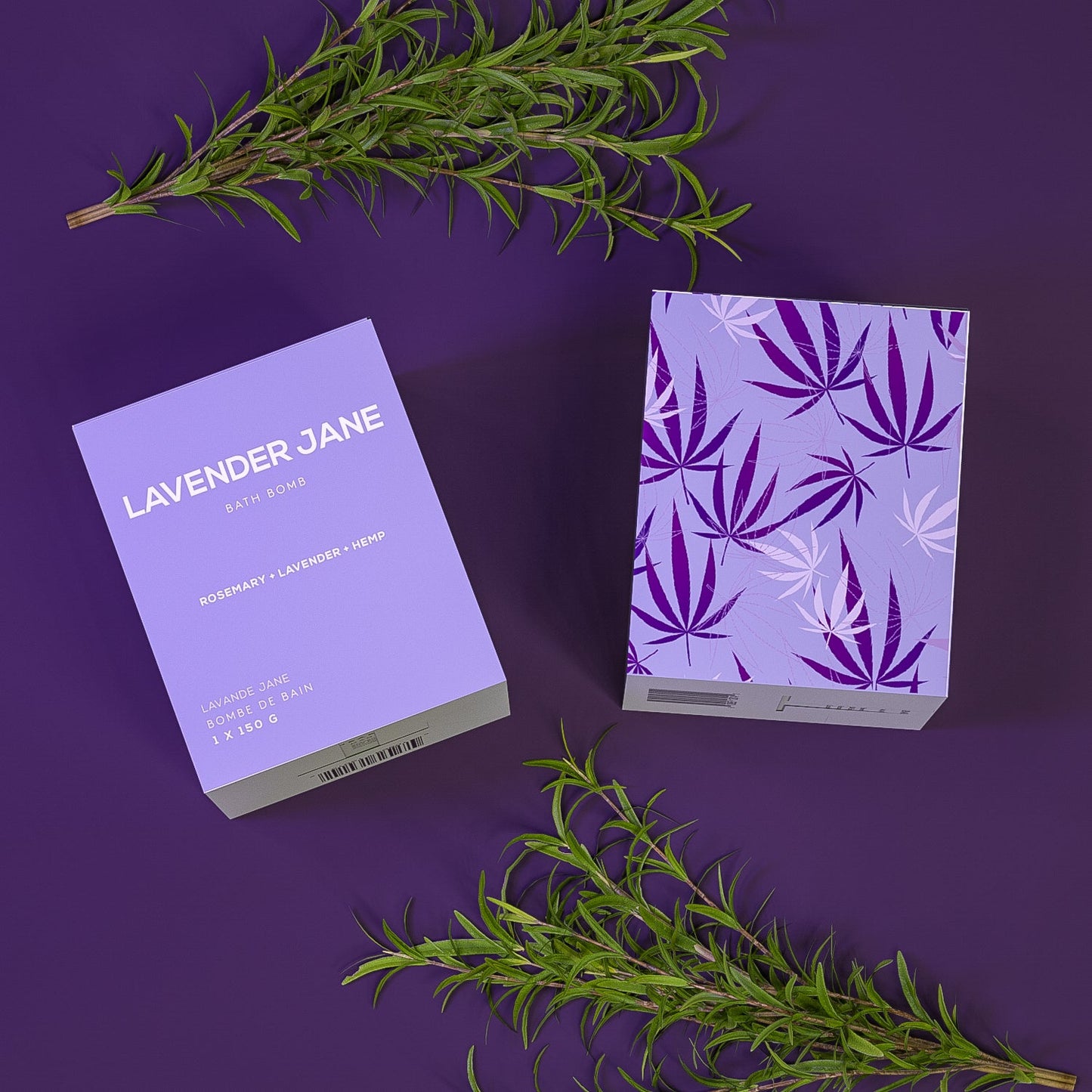 lavender rosemary bath bomb in box by bare skin bar