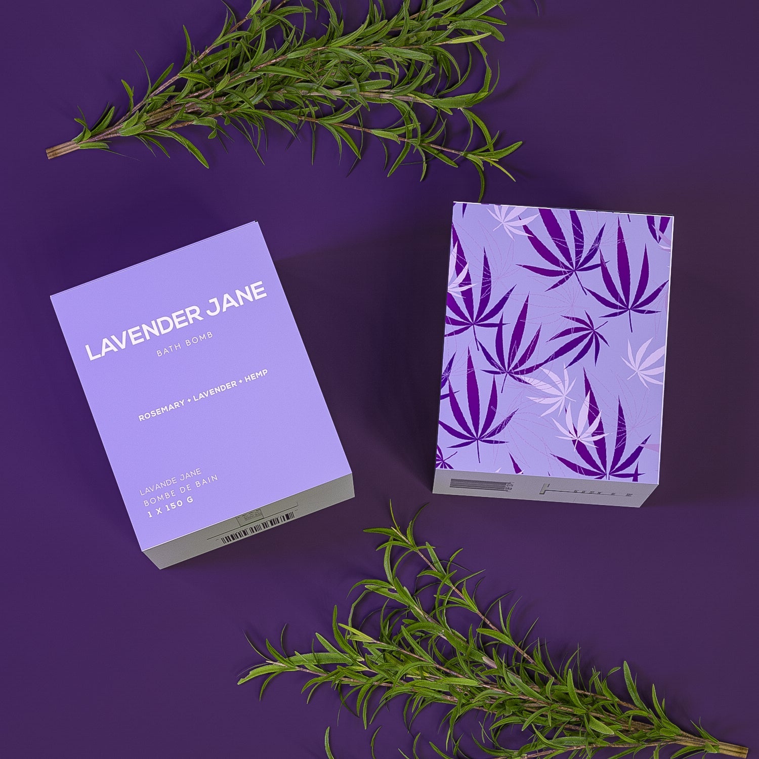 lavender rosemary bath bomb in box by bare skin bar