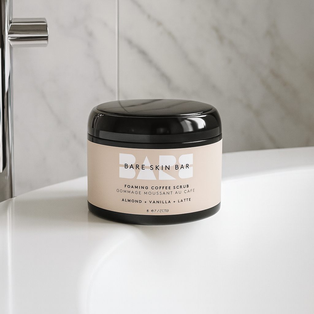 Bare Skin Bar foaming coffee scrub jar on a bathroom counter