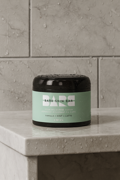 Jar of Bare Skin Bar product on a tiled bathroom counter