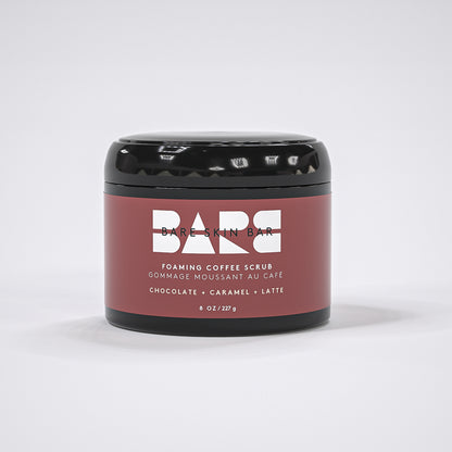 Container of Bare Skin Bar foaming coffee scrub on a white background